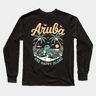 Travel Caribbean Island One Happy Palm Tree Aruba Island Long Sleeve T-Shirt